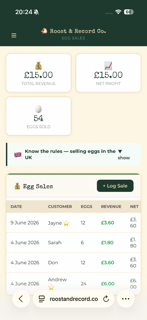 Egg Sales screen โ Roost & Record Co.